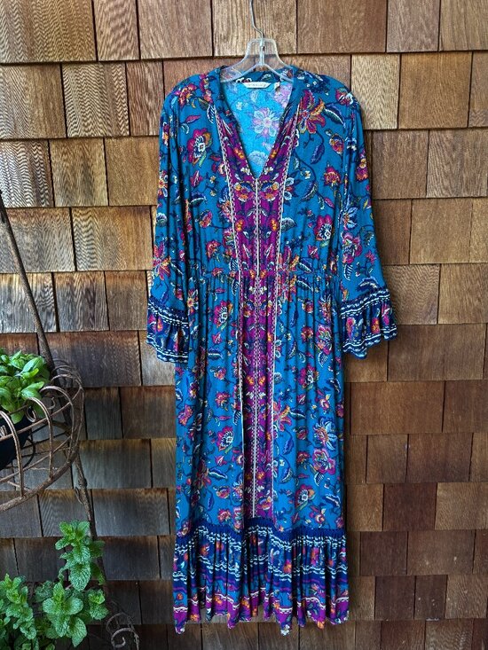 Soft Surroundings Dresses & Skirts - Soft Surroundings Allene Teal Floral Boho Tiered Maxi Dress in Women's Large